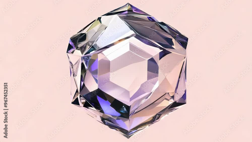 Morphing liquid iridescent dodecahedron with diamond texture on a pale pink background in UHD.