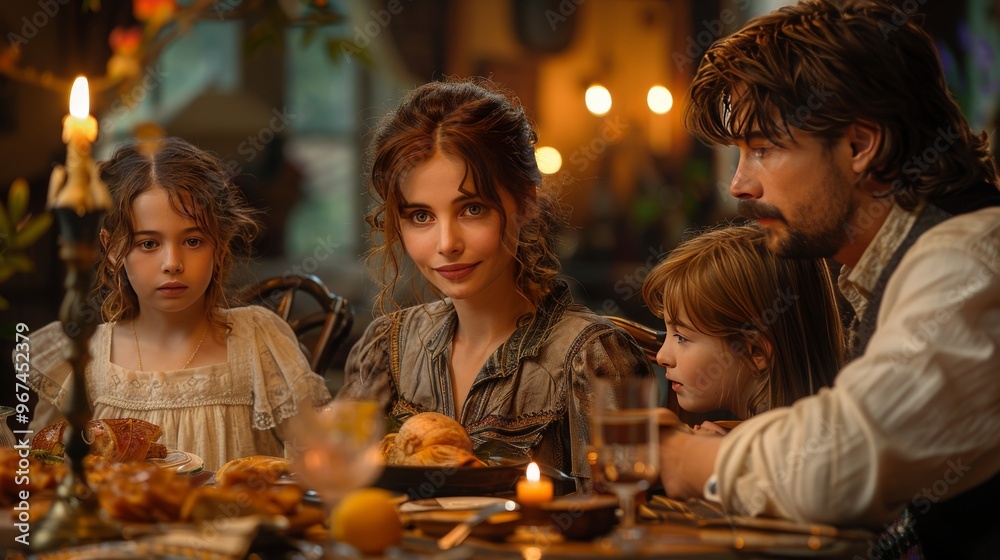 Warm and inviting image of a family gathering around a table, enjoying a home-cooked meal together Warm and inviting image of a family gathering around a table, enjoying a home-cooked meal together