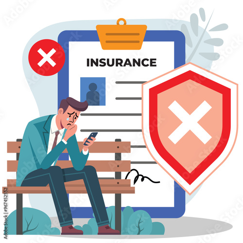 Insurance denied or rejected illustration, man hanging smartphone for insurance web app, sad face