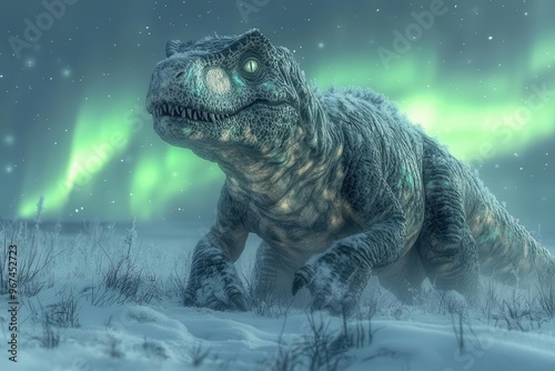 jurassic winter wonderland baby trex discovers snowflakes leaving tiny footprints across pristine iceage tundra beneath auroralit sky photo