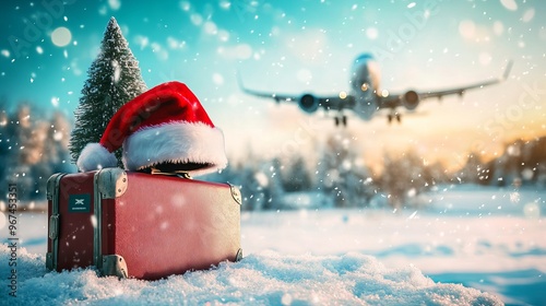 A Santa hat on a suitcase with a Christmas tree and snow, a passport, and a plane taking off. Great for designing logistics, transportation, and winter travel needs.