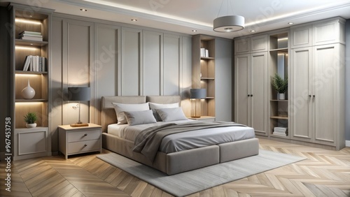 Soft gray carpet and walls, with a built-in bed in the corner, nightstand, dresser, and closet in a neutral-toned isometric bedroom layout.