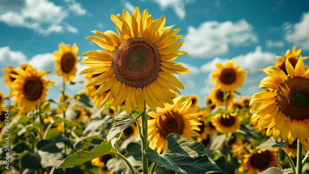 Explore a vibrant sunflower field under a bright blue sky during mid-summer Explore a vibrant sunflower field under a bright blue sky during mid-summer