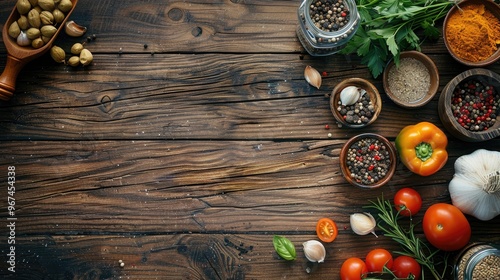 Cooking ingredients arranged on wooden surface