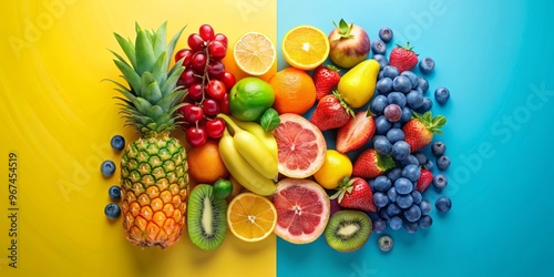 Vibrant fruit-themed mock packaging in a rainbow of colors against a gradient blue and yellow background.