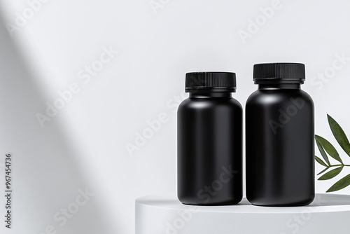 two blank matte black sports supplement bottles on a minimalist backdrop, no labels, perfect for mockup