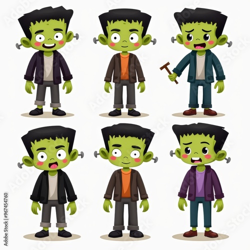 Cartoon Frankenstein Characters in Various Poses for Halloween Decorations and Designs