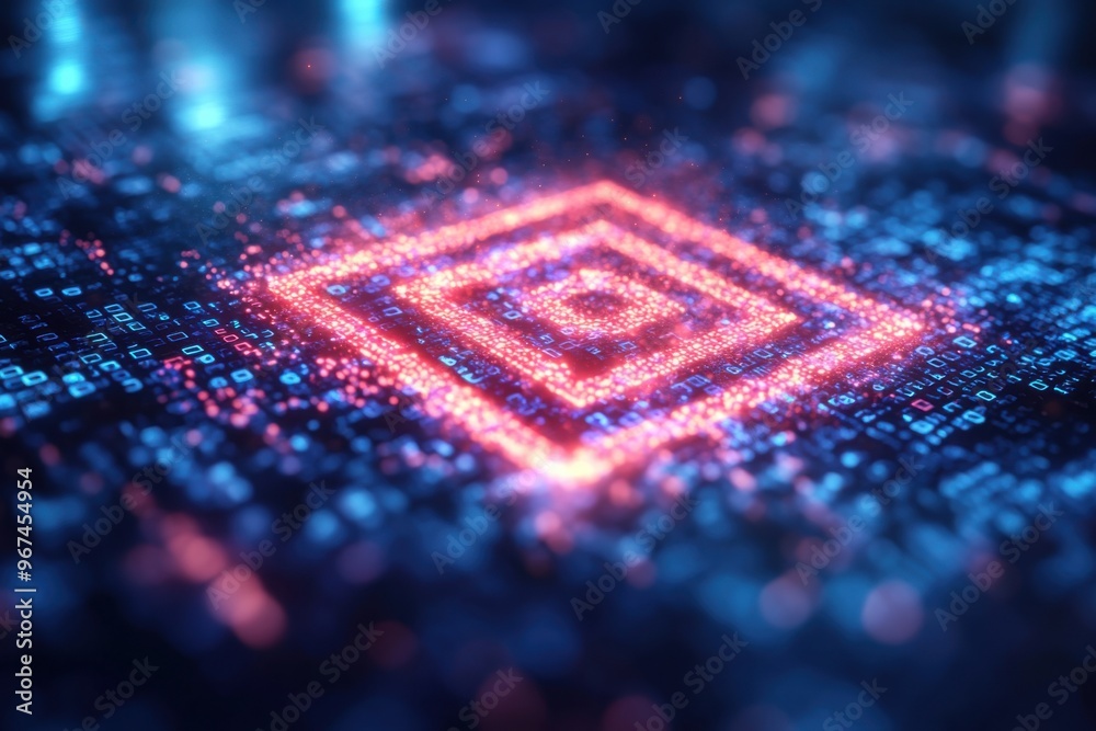 A vibrant digital pattern featuring glowing shapes, ideal for tech, innovation, and futuristic concepts.