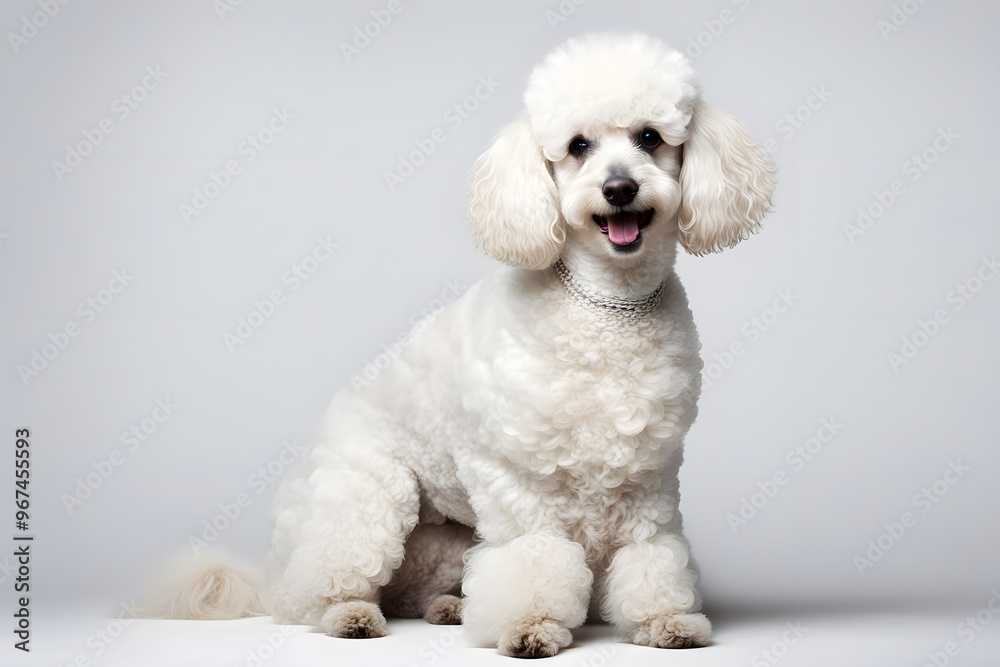 A white poodle with a curly coat sitting proudly on a white background, Ai Generated A white poodle with a curly coat sitting proudly on a white background, Ai Generated