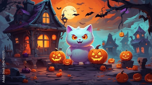 a Halloween theme. The layout features a spooky, moonlit night. The subject is a white cat, Surrounding the cat are pumpkins, haunted house in baqckground. Bats are flying in the sky photo