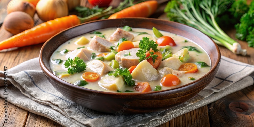 Creamy stew with vegetables, chicken, and potatoes, food, soup, hearty, comfort, dinner, lunch, creamy, savory Creamy stew with vegetables, chicken, and potatoes, food, soup, hearty, comfort, dinner, lunch, creamy, savory