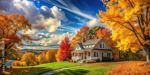 Cozy house surrounded by colorful autumn leaves and trees under a bright sky with puffy clouds in a warm and inviting autumnal scene