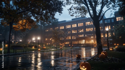 A spooky school building at night jack-o-lanterns glowing on every window photo