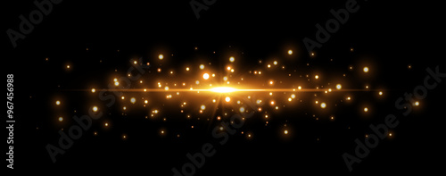 Gold glittering dots, sparkles, particles and stars on a black background. Abstract light effect. Gold luminous points. Vector illustration.