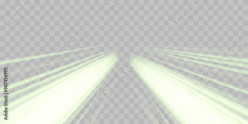 Speed rays, velocity light neon flow, zoom in motion effect, green glow speed lines, colorful light trails, stripes. Abstract background, vector illustration.