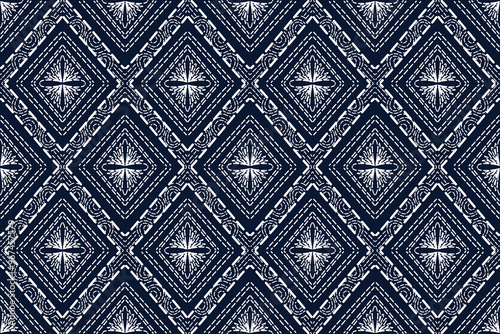 Sashiko is a type of traditional Japanese embroidery or stitching used for the decorative and functional reinforcement of cloth and clothing.Ethnic pattern, Ogee, Geometric style, Seamless textile.