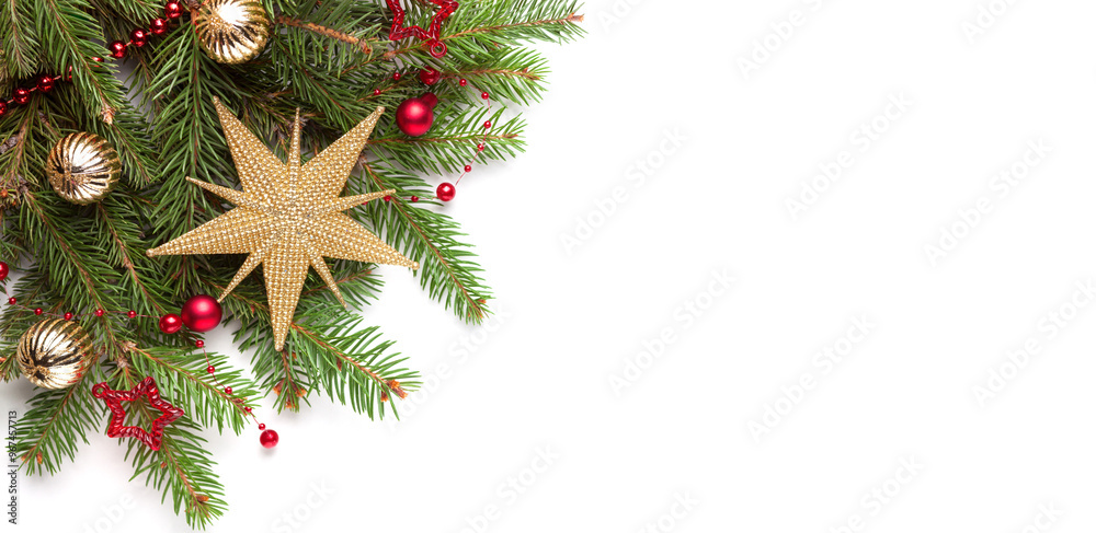 Christmas tree branches with decorations isolated on white background. Flat lay..Christmas and New Year background