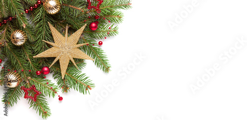 Obraz na płótnie Christmas tree branches with decorations isolated on white background. Flat lay..Christmas and New Year background w salonie