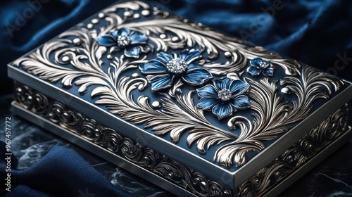 luxurious gift box template with intricate patterns embossed on shimmering silver metallic foil elegant design for highend product packaging