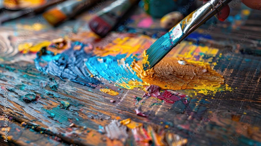 Creating art with ink blots on wood surface Using palette knives for painting Creating art with ink blots on wood surface Using palette knives for painting