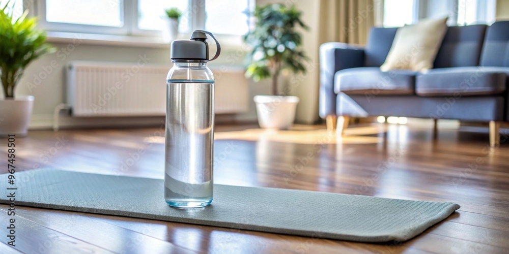 Close-up of a smart water bottle on a yoga mat during a home workout session , Hydration, fitness, health, exercise, workout Close-up of a smart water bottle on a yoga mat during a home workout session , Hydration, fitness, health, exercise, workout