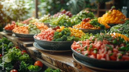 Bowls of fresh food ingredients, fruits and vegetables