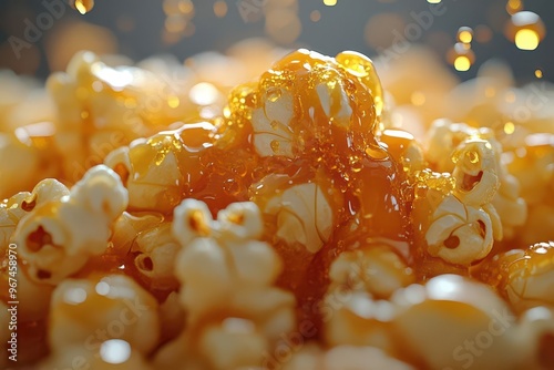 macro closeup of carameldrizzled popcorn kernels highlighting golden hues and glistening butter in dramatic lighting photo