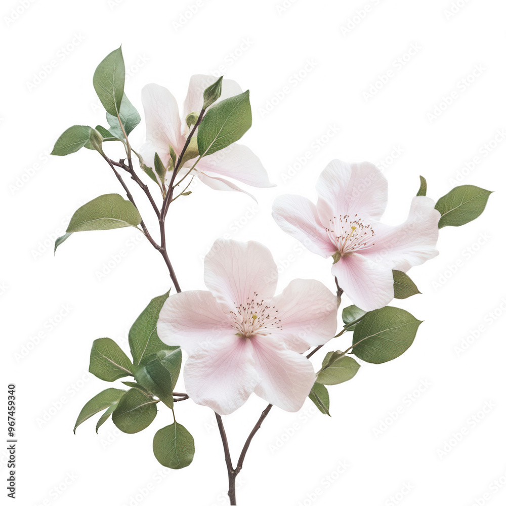 Fototapeta premium A delicate branch featuring pink flowers and green leaves, symbolizing beauty and nature.