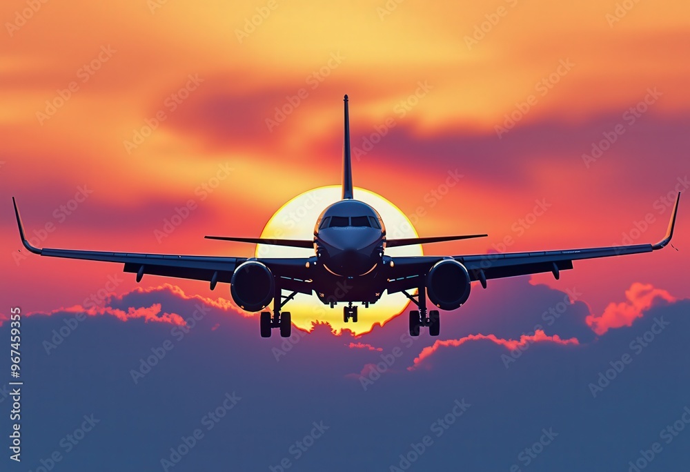 airplane landing at sunset airplane landing at sunset