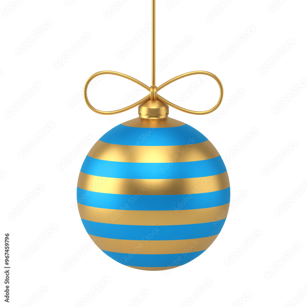 Bright shining golden and blue metallic luxury decorative ball with bow and rope hanging 3d template vector illustration. Beautiful New Year bauble Christmas tree toy decor winter holiday celebrating Bright shining golden and blue metallic luxury decorative ball with bow and rope hanging 3d template vector illustration. Beautiful New Year bauble Christmas tree toy decor winter holiday celebrating