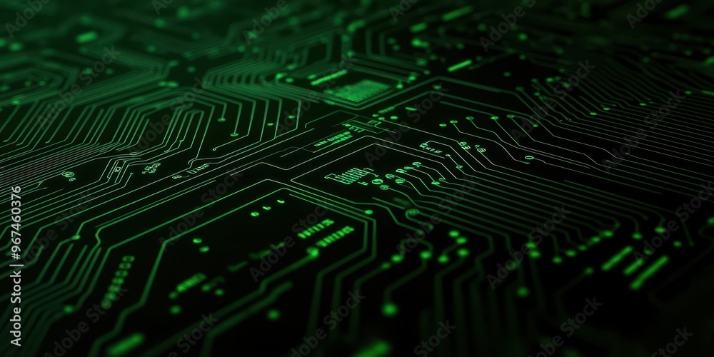 Close-up view of a green circuit board design showcasing intricate patterns and technology elements. Close-up view of a green circuit board design showcasing intricate patterns and technology elements.