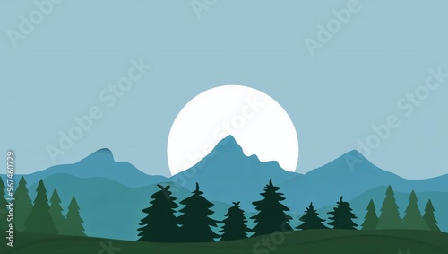 Flat vector landscape design with mountains and trees