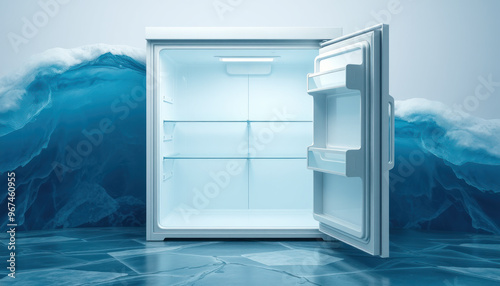 A modern refrigerator stands open with a backdrop of large, crashing ice ocean waves, creating an intriguing juxtaposition of domestic life and nature photo