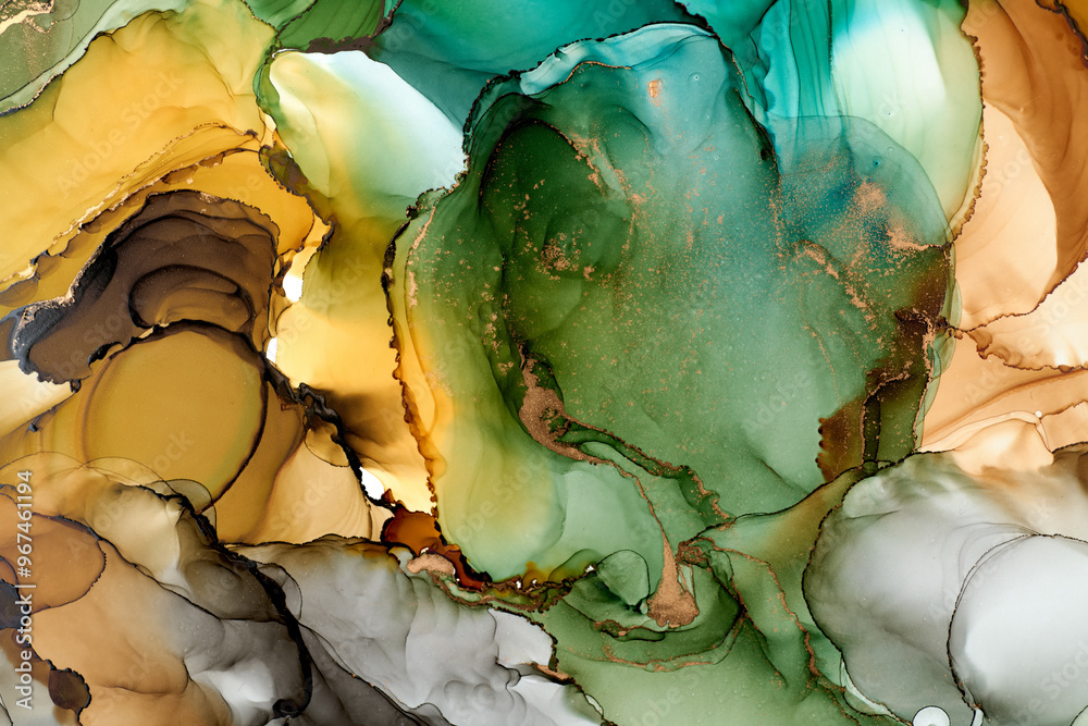Obraz premium Natural luxury abstract fluid art painting in alcohol ink technique. Tender and dreamy wallpaper. Mixture of colors creating transparent waves and golden swirls. For posters, other printed materials