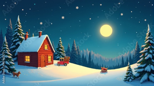 Cozy Winter Cabin Under Full Moon with Snowy Landscape and Pine Trees - Christmas Illustration