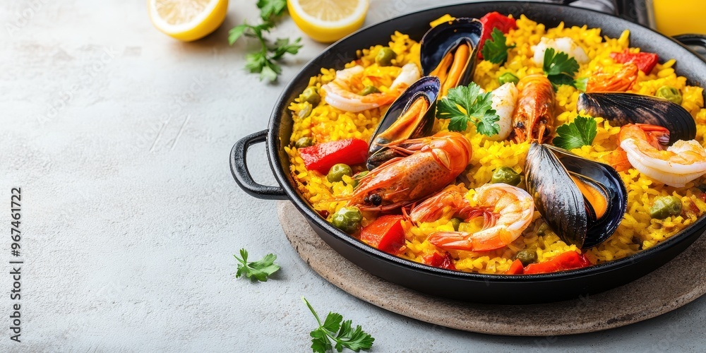 Colorful seafood paella with shrimp, mussels, and vibrant vegetables ready to serve, garnished with fresh herbs and lemon. Colorful seafood paella with shrimp, mussels, and vibrant vegetables ready to serve, garnished with fresh herbs and lemon.