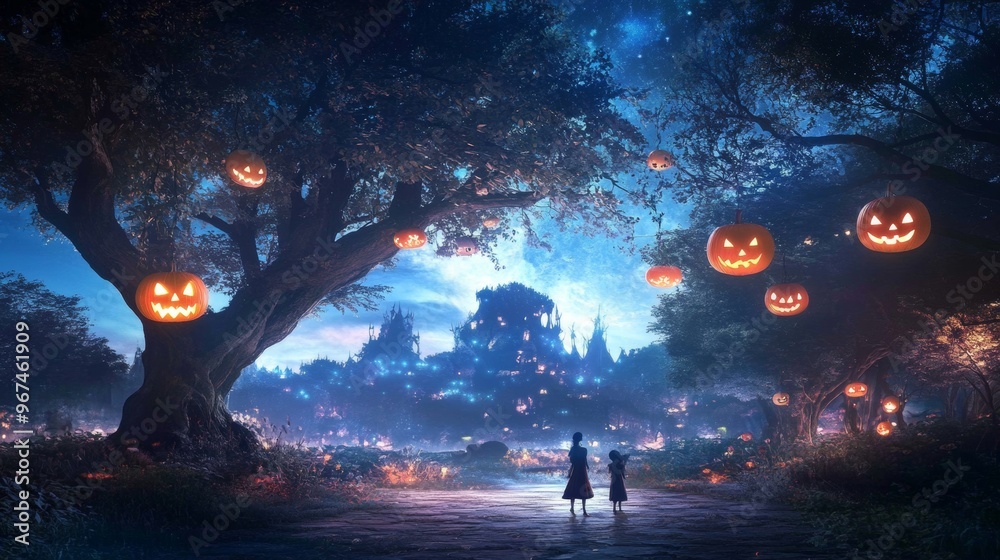Obraz premium An enchanted forest Halloween festival glowing pumpkins hanging from trees