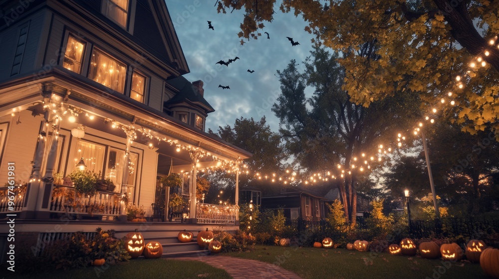 An old Victorian house decorated for Halloween pumpkins of all shapes and sizes glowing on the porch An old Victorian house decorated for Halloween pumpkins of all shapes and sizes glowing on the porch