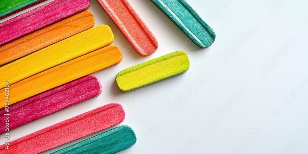 Colorful wooden sticks arranged creatively on a white background, perfect for arts, crafts, or educational projects. Colorful wooden sticks arranged creatively on a white background, perfect for arts, crafts, or educational projects.