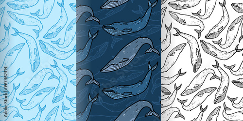 Vector set seamless pattern with whale for typography, design, textiles
