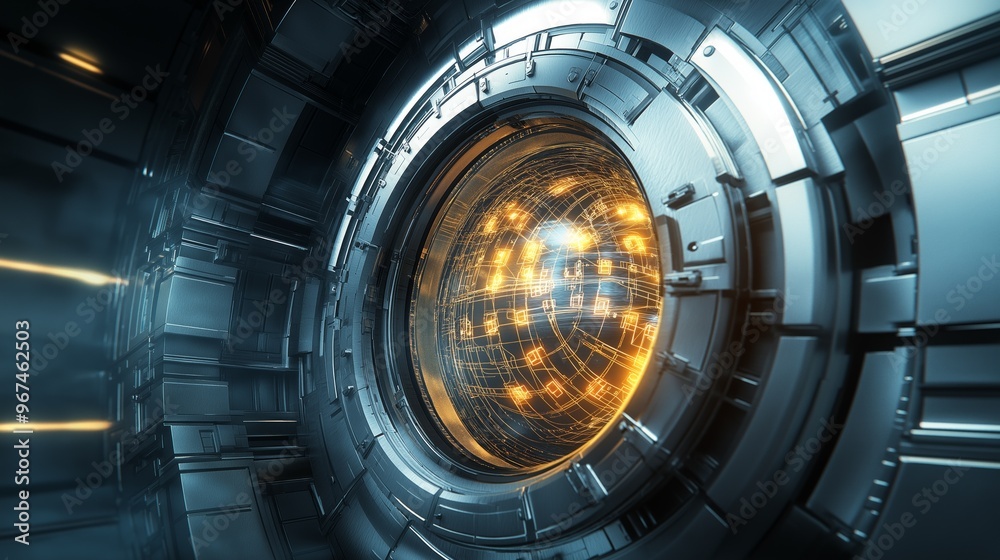 Futuristic quantum vault door slightly ajar revealing an intricate glowing grid representing advanced finance security Futuristic quantum vault door slightly ajar revealing an intricate glowing grid representing advanced finance security