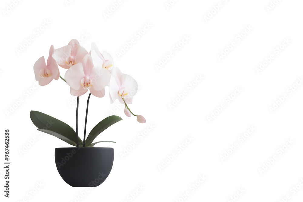 A delicate pink orchid in a sleek black pot, showcasing elegance and natural beauty. A delicate pink orchid in a sleek black pot, showcasing elegance and natural beauty.