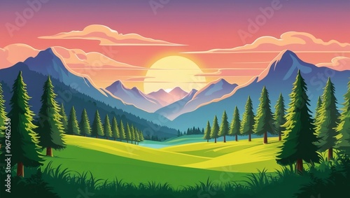 sunset in mountains, landscape with pine trees and green meadow.