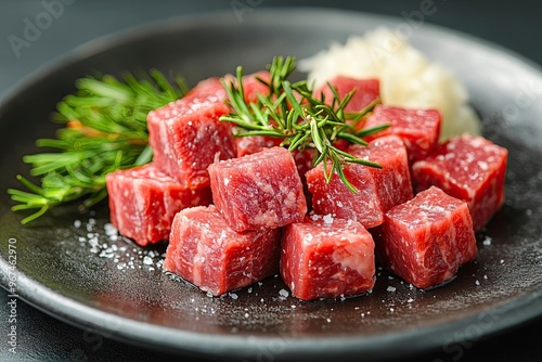 Raw beef cubes with rosemary and salt