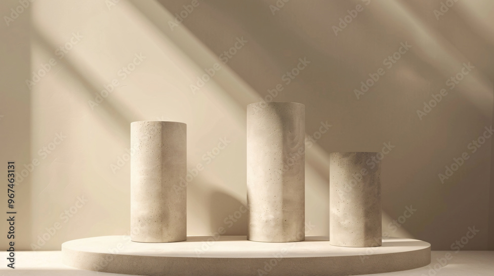 A minimalist display of three cylindrical stone pillars casting soft shadows on a beige surface, creating a serene and elegant atmosphere in a modern setting. A minimalist display of three cylindrical stone pillars casting soft shadows on a beige surface, creating a serene and elegant atmosphere in a modern setting.
