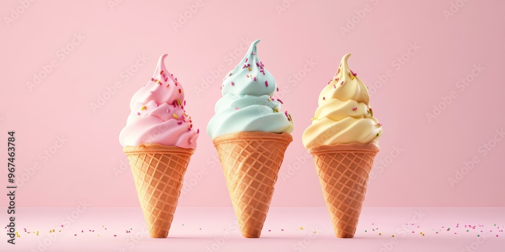 Delicious ice cream cones in pastel colors against a soft pink background, perfect for summer treats and dessert inspiration. Delicious ice cream cones in pastel colors against a soft pink background, perfect for summer treats and dessert inspiration.