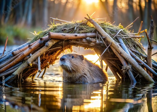 Waterlogged sticks and mud form the intricate structure, sunlight filtering through gaps in the lodges exterior as a beaver's den lies hidden beneath, airholes wafting bubbles. photo