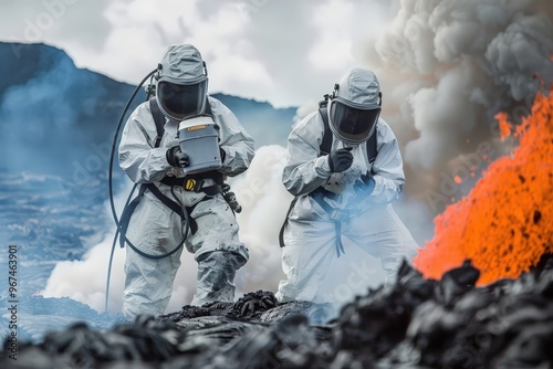 Group of volcanologists in protective suits studying boiling lava during volcanic eruptio photo