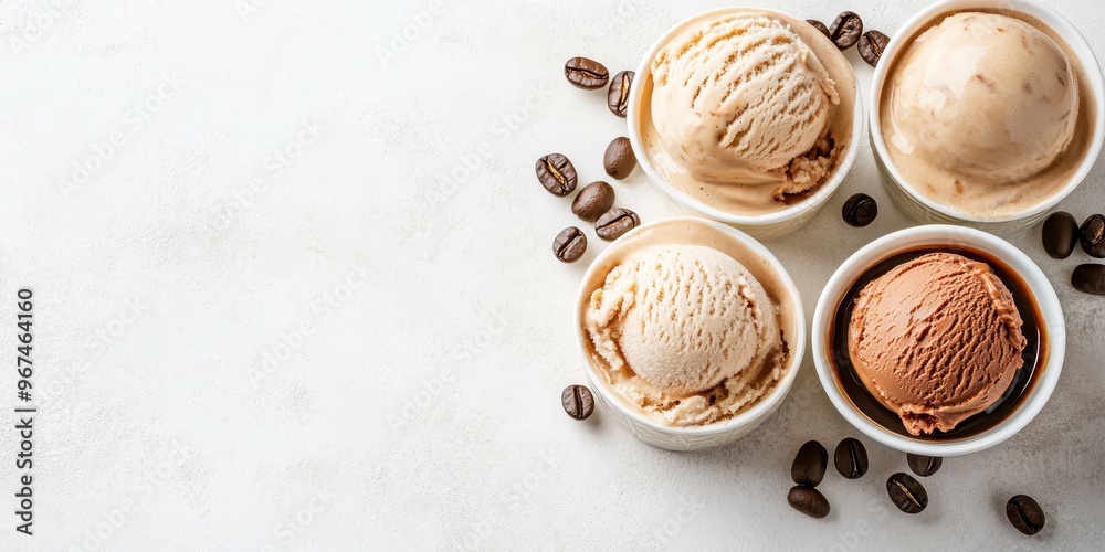 Delicious ice cream scoops in bowls surrounded by coffee beans, perfect for dessert lovers and food photography. Delicious ice cream scoops in bowls surrounded by coffee beans, perfect for dessert lovers and food photography.