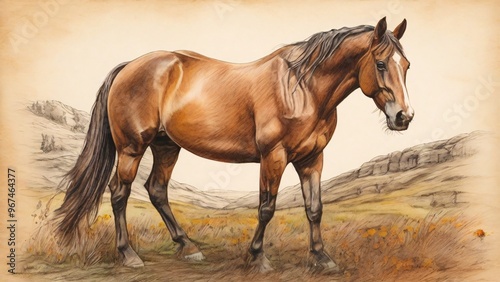 An artistic sketch of a horse standing in a field, blending realistic details with a classic artistic touch and elegance. photo